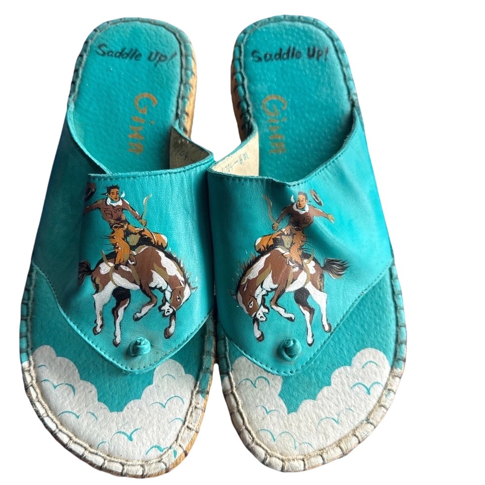 Gina Sandals Leather Western Cowboy Turquoise 6M Vintage Boho Espadrille 4704